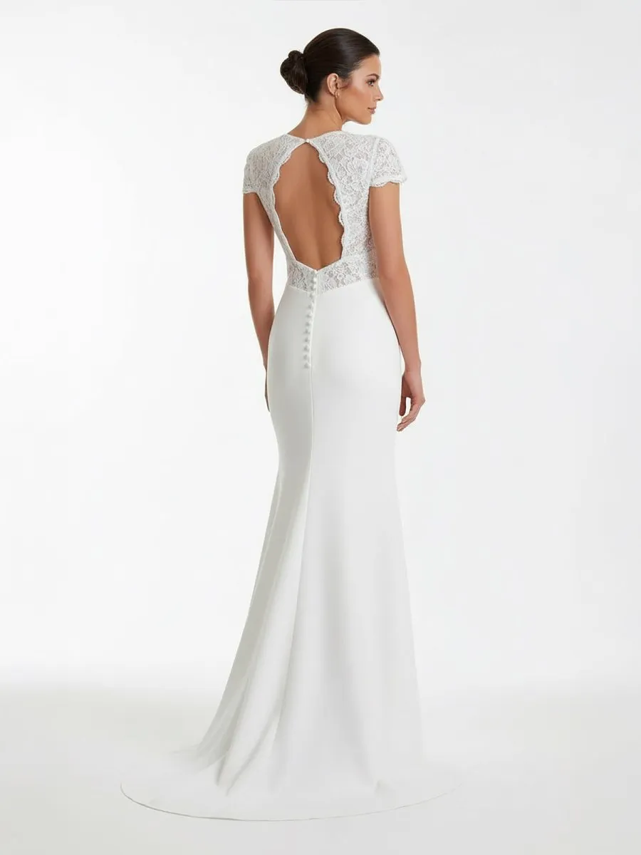 Modest Simple Sheath Short Sleeve Empire Floor-Length Sweep Train Chiffon V-neck Wedding Dress sold by KissProm product image thumbnail 3