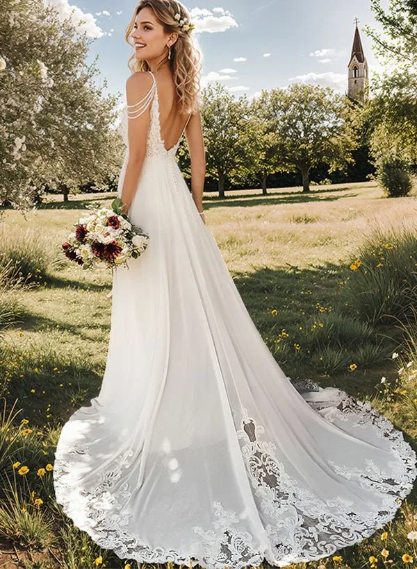 A-Line V-Neck Sweep Train Wedding Dress With Lace Split Front sold by KissProm product image thumbnail 2