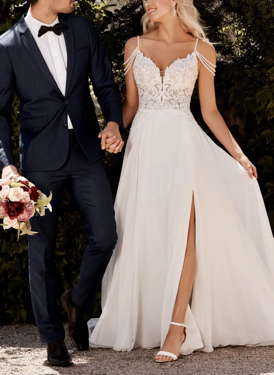 A-Line V-Neck Sweep Train Wedding Dress With Lace Split Front sold by KissProm product image thumbnail 4