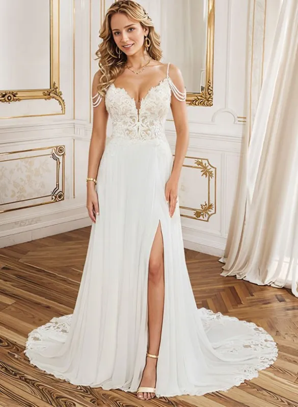 A-Line V-Neck Sweep Train Wedding Dress With Lace Split Front made by KissProm