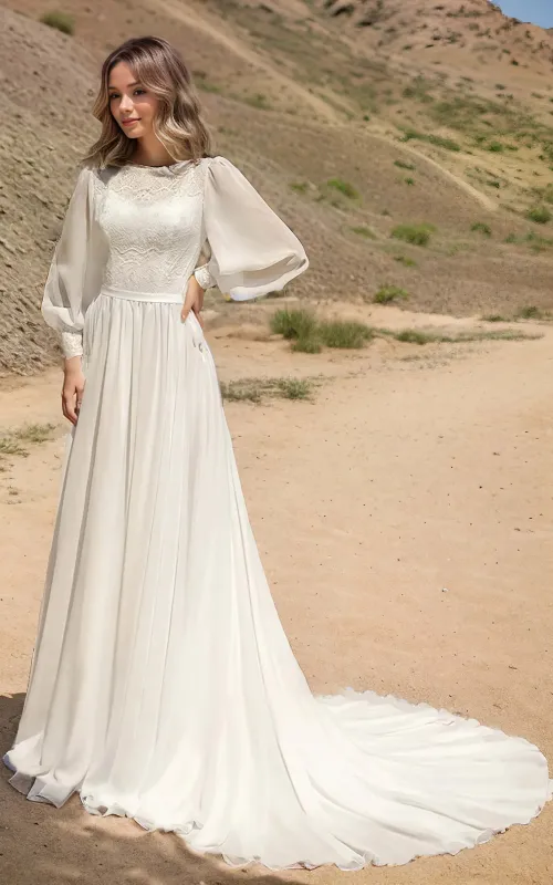 Modest Long Sleeve Casual Rustic A-Line Bateau Neck Wedding Dress Gowns with Train made by KissProm