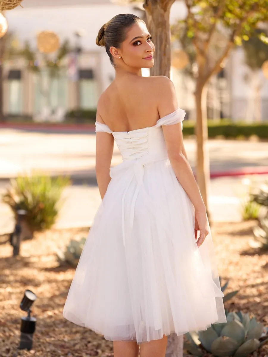 Sweet A-Line Off-The-Shoulder Little White Tulle Wedding Dresses sold by KissProm product image thumbnail 4