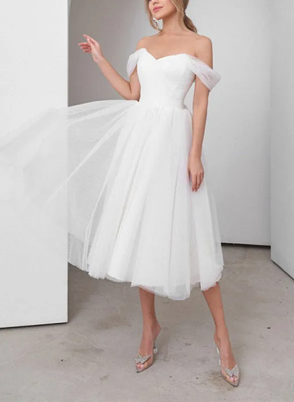 Sweet A-Line Off-The-Shoulder Little White Tulle Wedding Dresses made by KissProm