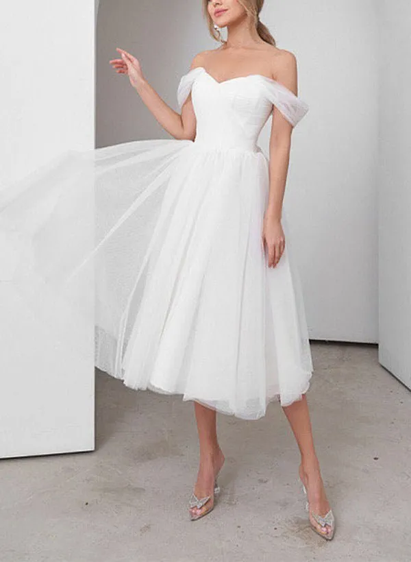 Sweet A-Line Off-The-Shoulder Little White Tulle Wedding Dresses sold by KissProm