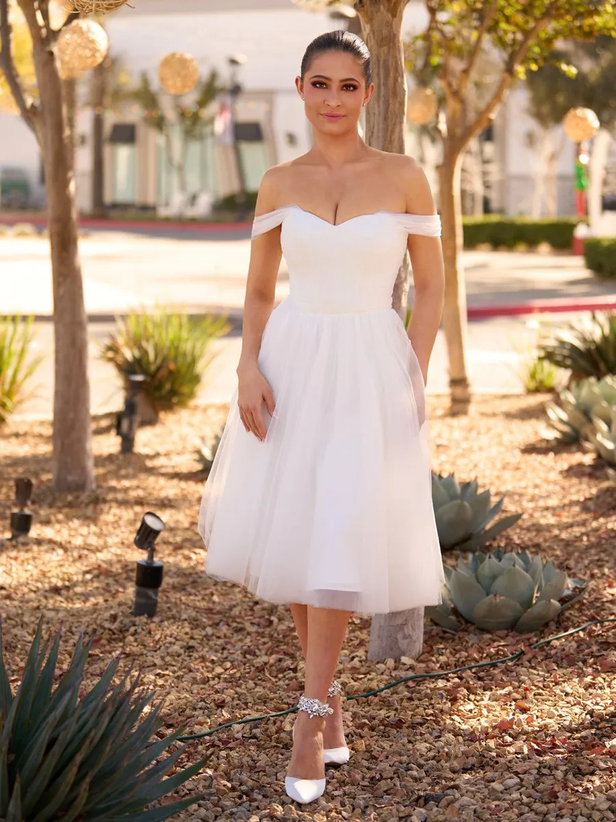 Sweet A-Line Off-The-Shoulder Little White Tulle Wedding Dresses sold by KissProm product image thumbnail 3