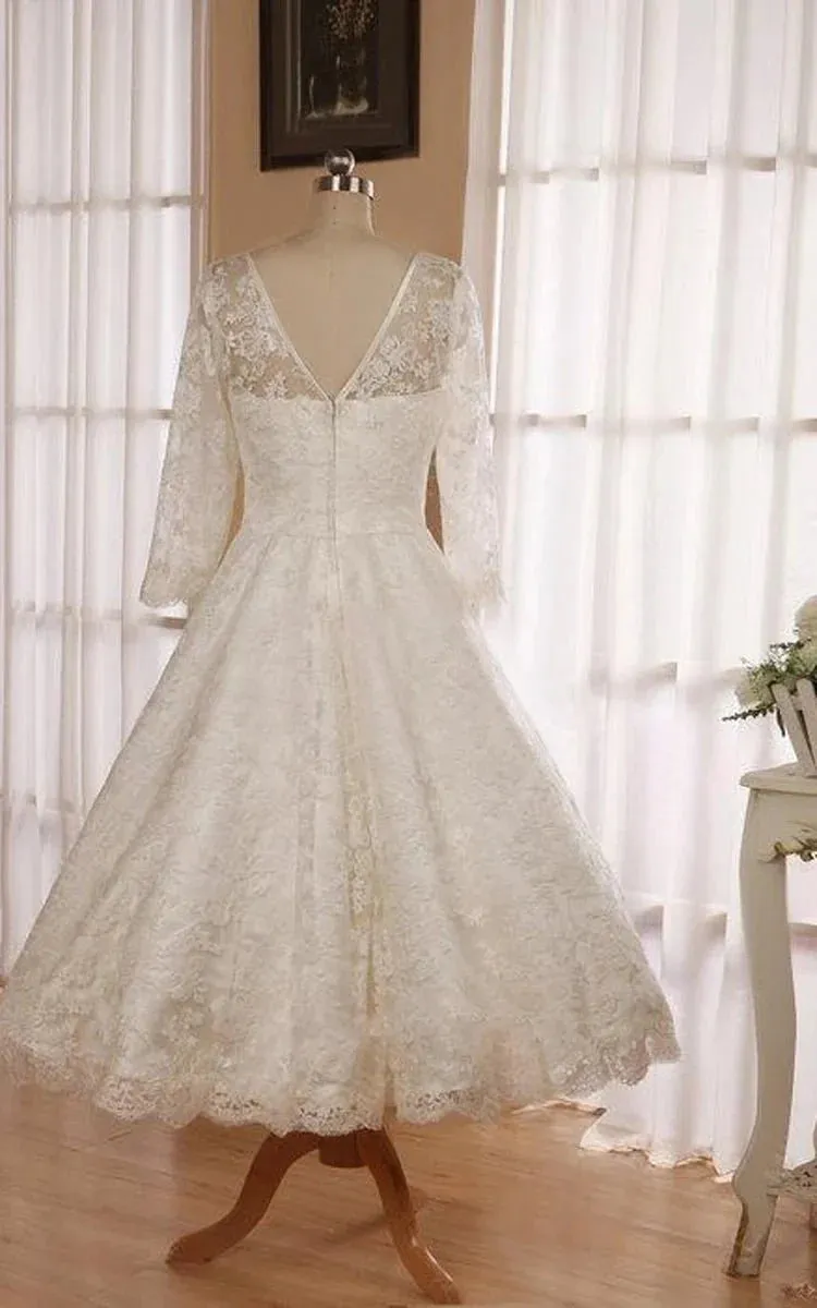 Low V Back Tea Length Lace Wedding Dress sold by KissProm product image thumbnail 2