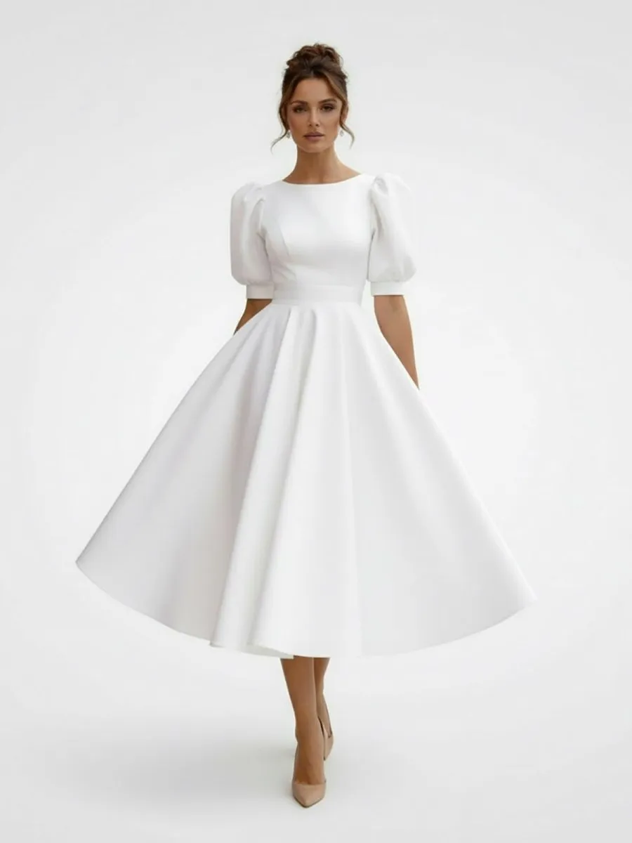Elegant Bateau A Line Satin Knee-length Wedding Dress sold by KissProm