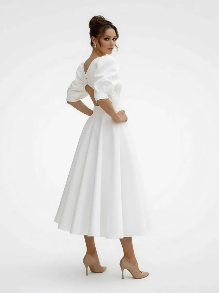 Elegant Bateau A Line Satin Knee-length Wedding Dress sold by KissProm product image thumbnail 2