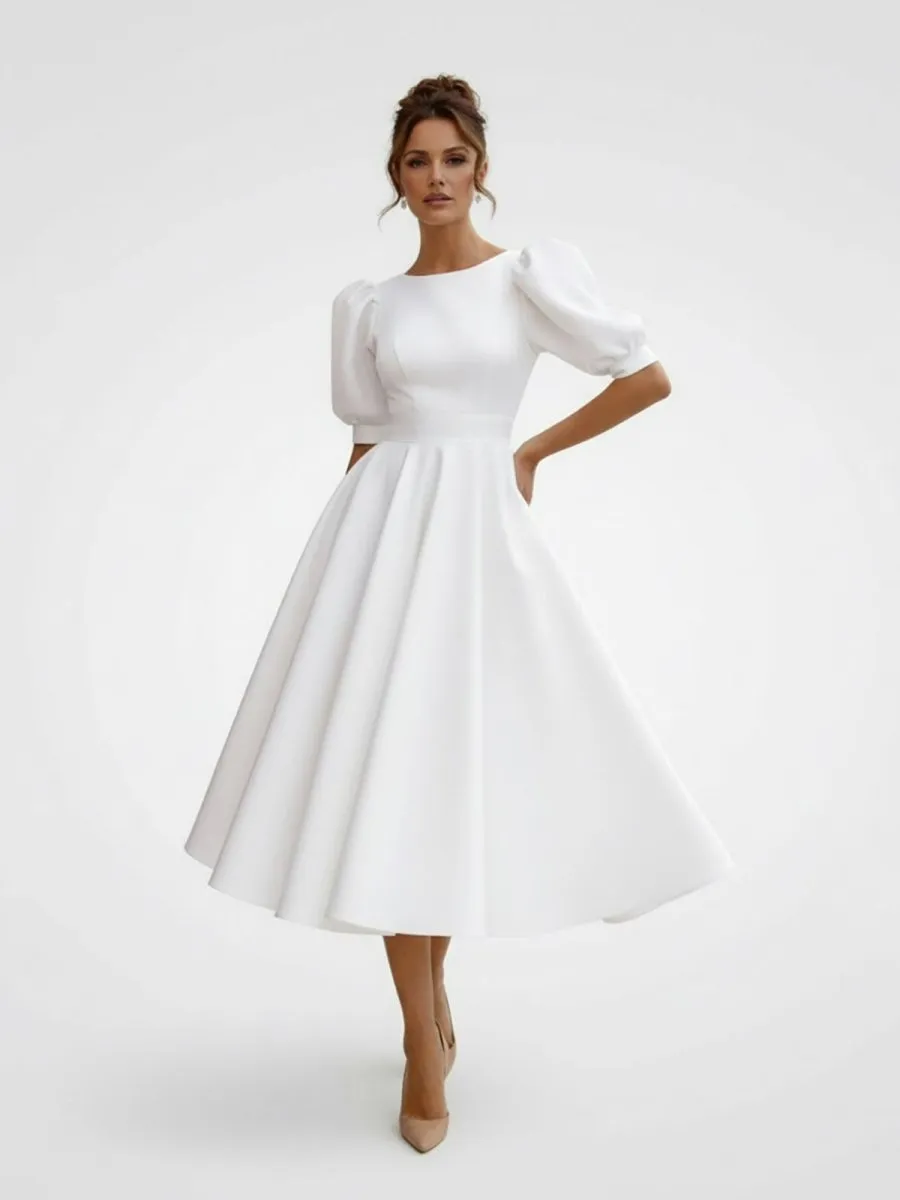 Elegant Bateau A Line Satin Knee-length Wedding Dress sold by KissProm product image thumbnail 3