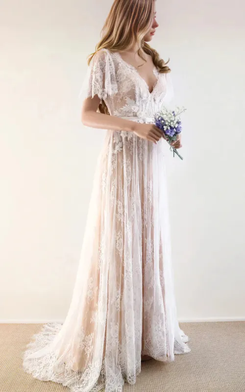 Boho V-neck Beach A-line Country Elegant Lace Petals Illusion Bell Wedding Dress with Train made by KissProm