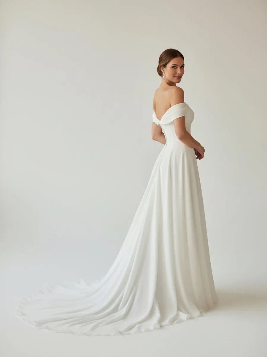 A-Line Chiffon Sleeveless Off-the-Shoulder Wedding Dress with Ruching Floor Length sold by KissProm product image thumbnail 2