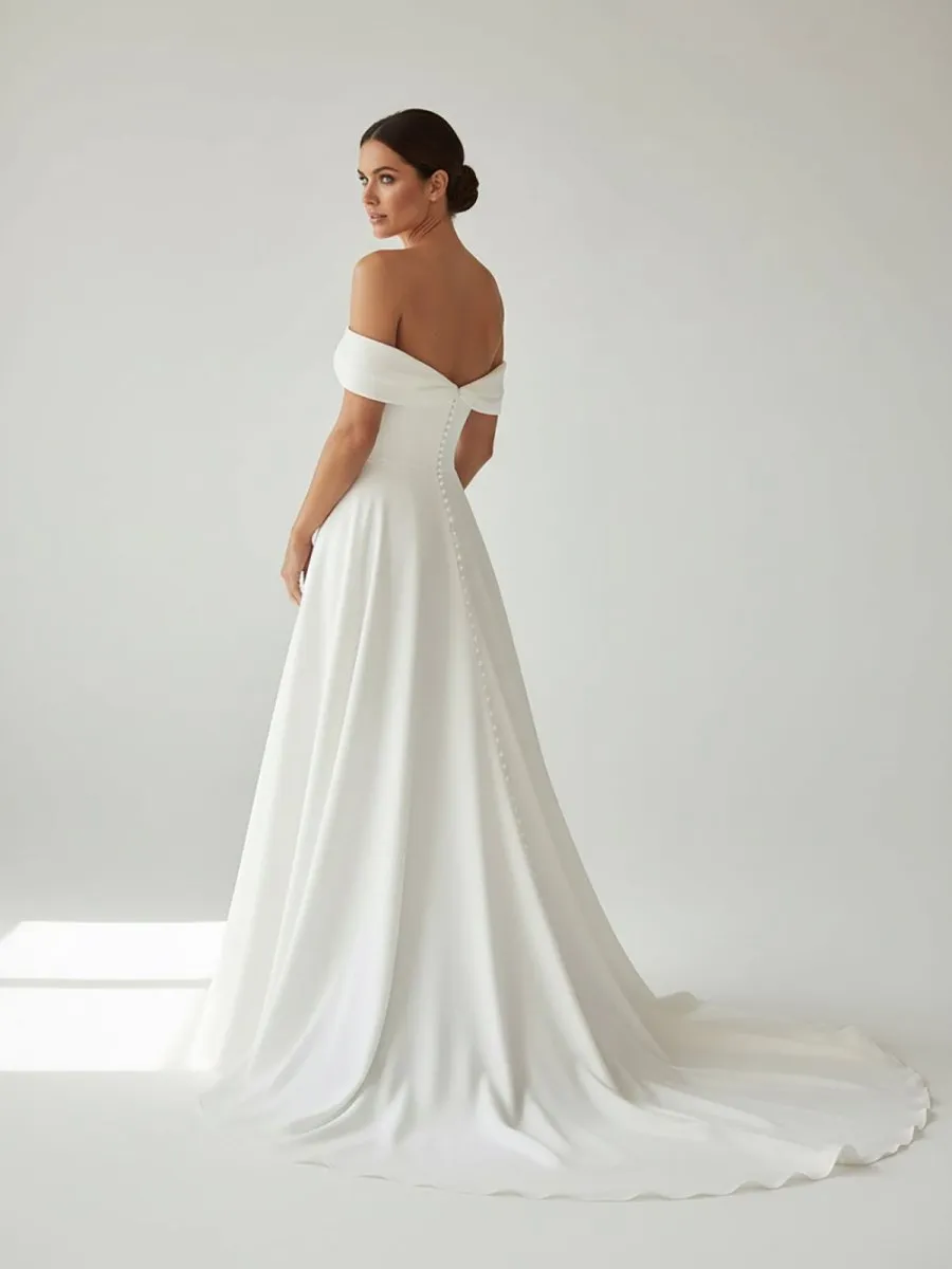 A-Line Chiffon Sleeveless Off-the-Shoulder Wedding Dress with Ruching Floor Length sold by KissProm product image thumbnail 4