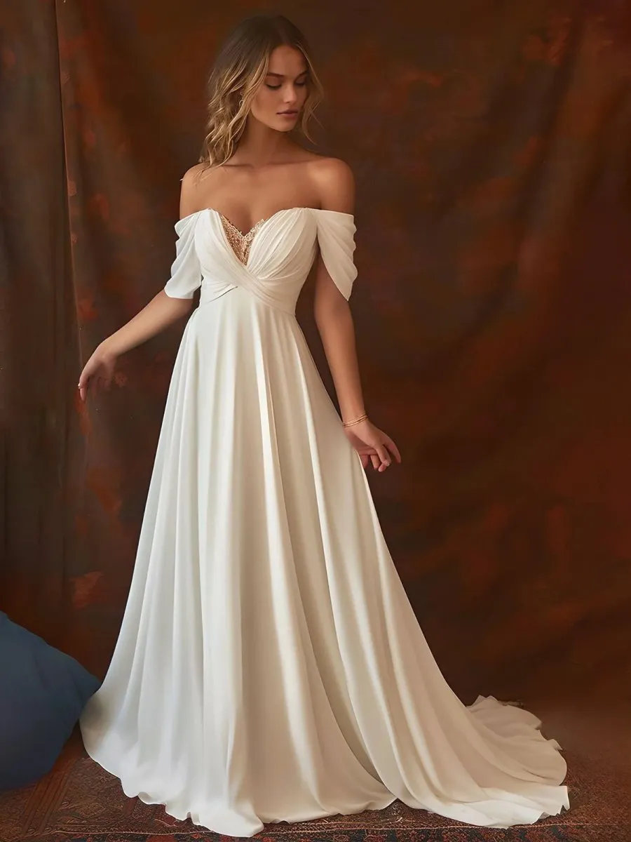 A-Line Chiffon Sleeveless Off-the-Shoulder Wedding Dress with Ruching Floor Length sold by KissProm product image thumbnail 5