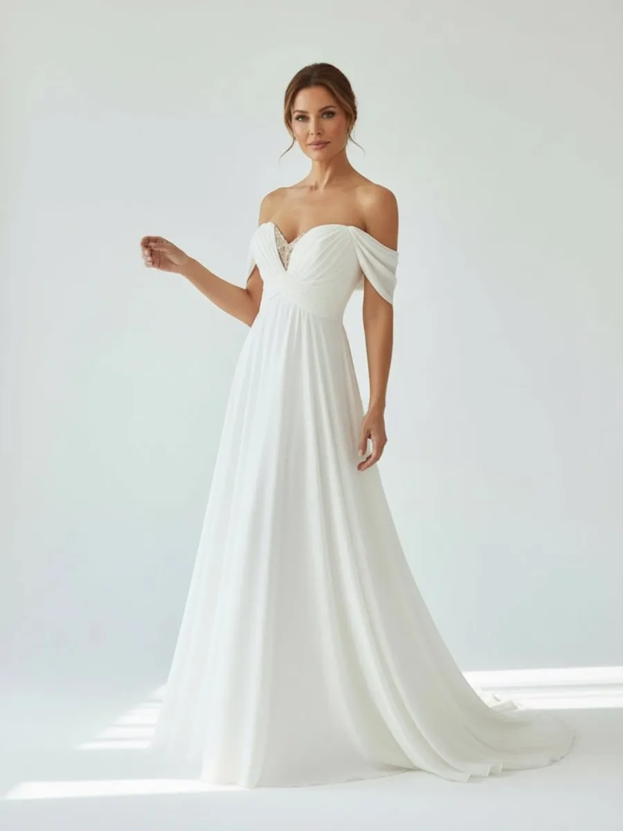 A-Line Chiffon Sleeveless Off-the-Shoulder Wedding Dress with Ruching Floor Length sold by KissProm product image thumbnail 3