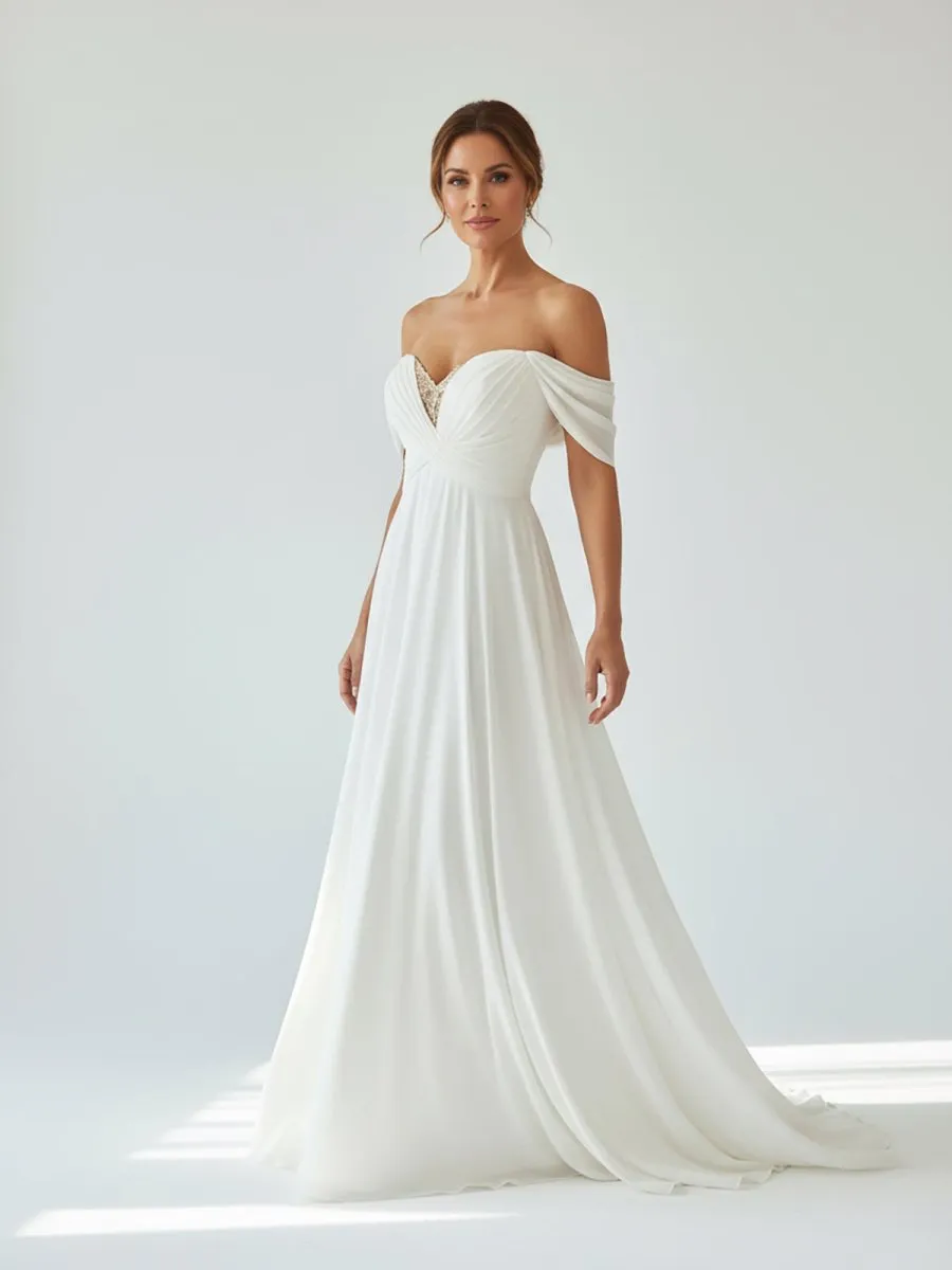 A-Line Chiffon Sleeveless Off-the-Shoulder Wedding Dress with Ruching Floor Length sold by KissProm