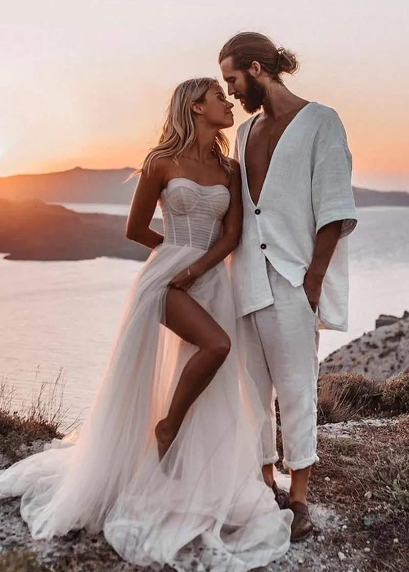 Romantic A-Line Sweetheart Tulle Beach Wedding Dresses with Slit sold by KissProm