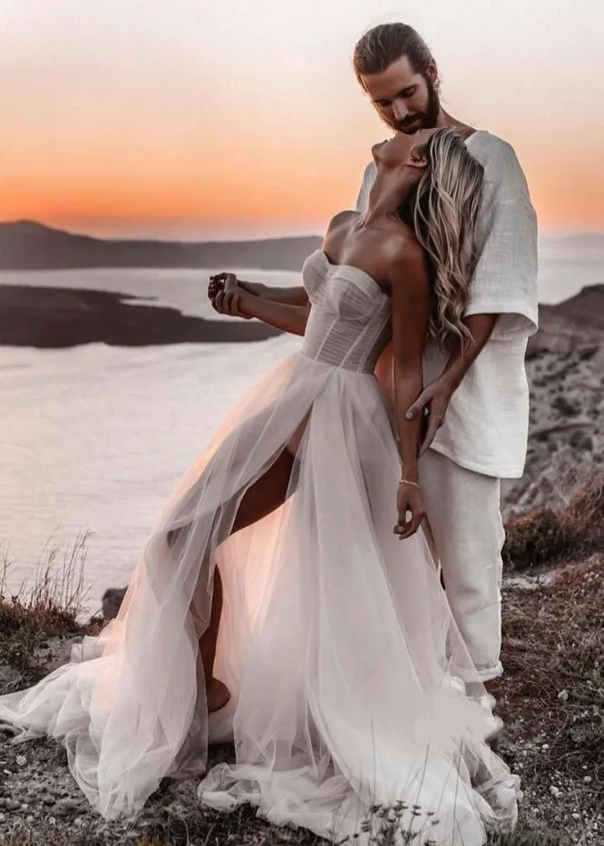 Romantic A-Line Sweetheart Tulle Beach Wedding Dresses with Slit sold by KissProm product image thumbnail 2