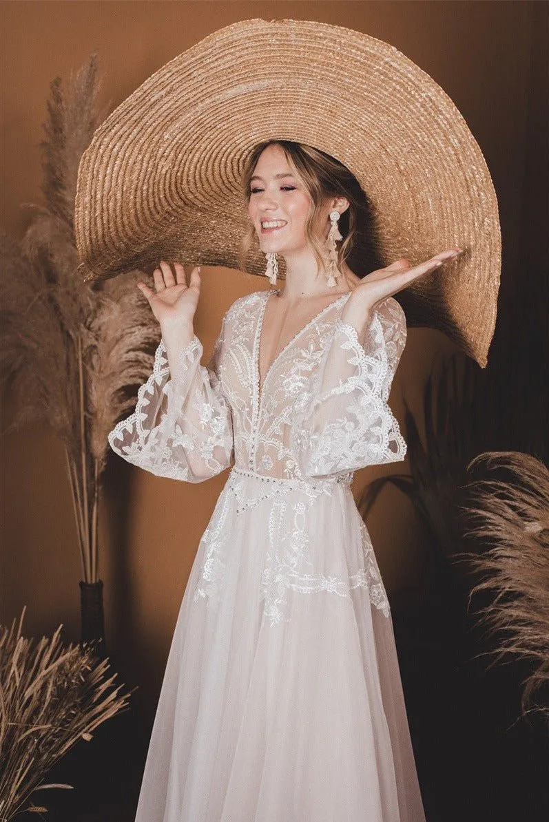 A-Line Lace Top Flare Sleeves Open Back Wedding Dress sold by KissProm product image thumbnail 4