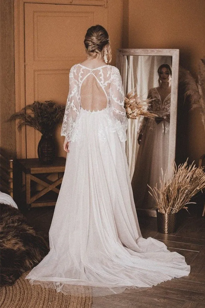A-Line Lace Top Flare Sleeves Open Back Wedding Dress sold by KissProm product image thumbnail 2