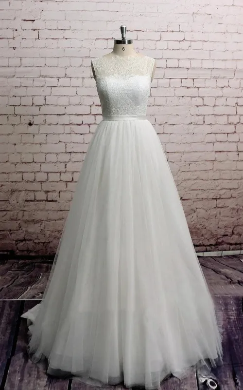 Princess Sleeveless A-Line Tulle Long Wedding Dress With Sash made by KissProm