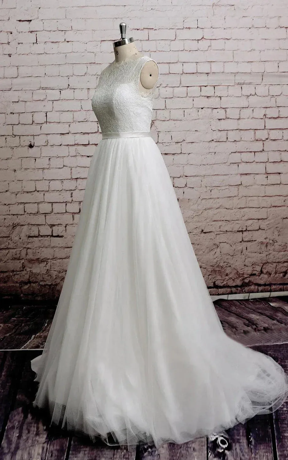 Princess Sleeveless A-Line Tulle Long Wedding Dress With Sash sold by KissProm product image thumbnail 5