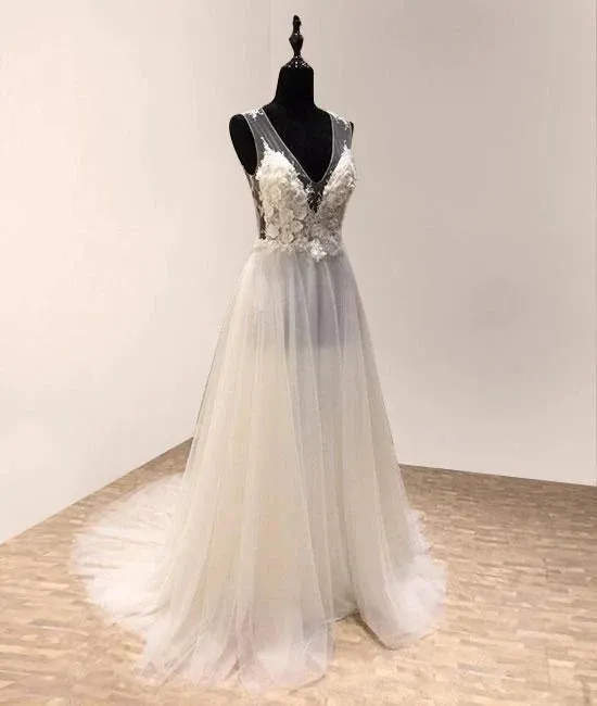 Impressive V-neck Sleeveless Sweep Train Tulle Wedding Dress with Appliques sold by KissProm