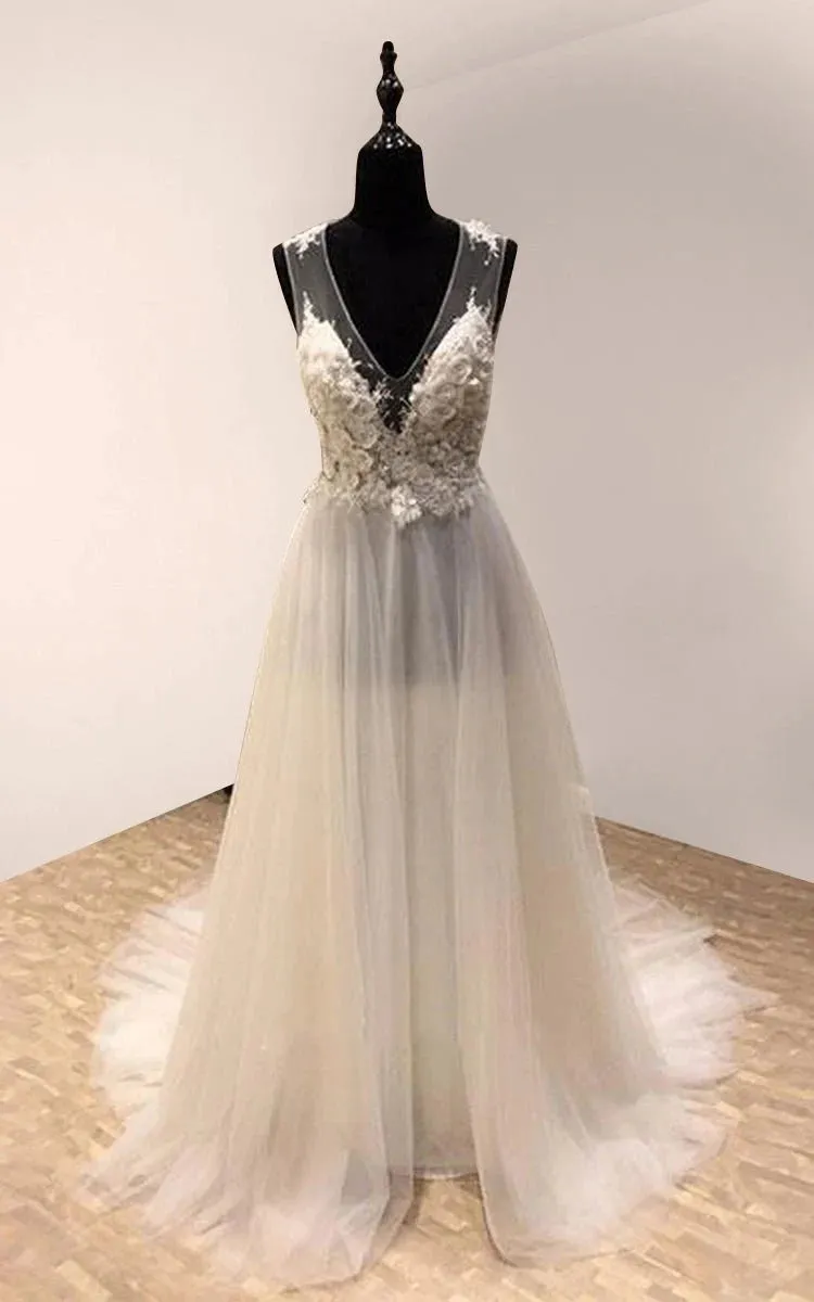 Impressive V-neck Sleeveless Sweep Train Tulle Wedding Dress with Appliques sold by KissProm product image thumbnail 3