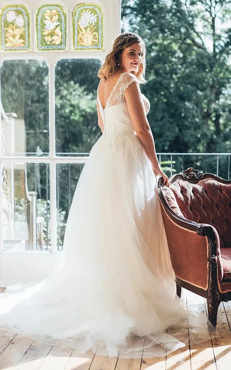 A-Line Scoop Neck Short Sleeve Tulle Low-V Back Waist Jewellery Wedding Dress sold by KissProm product image thumbnail 2