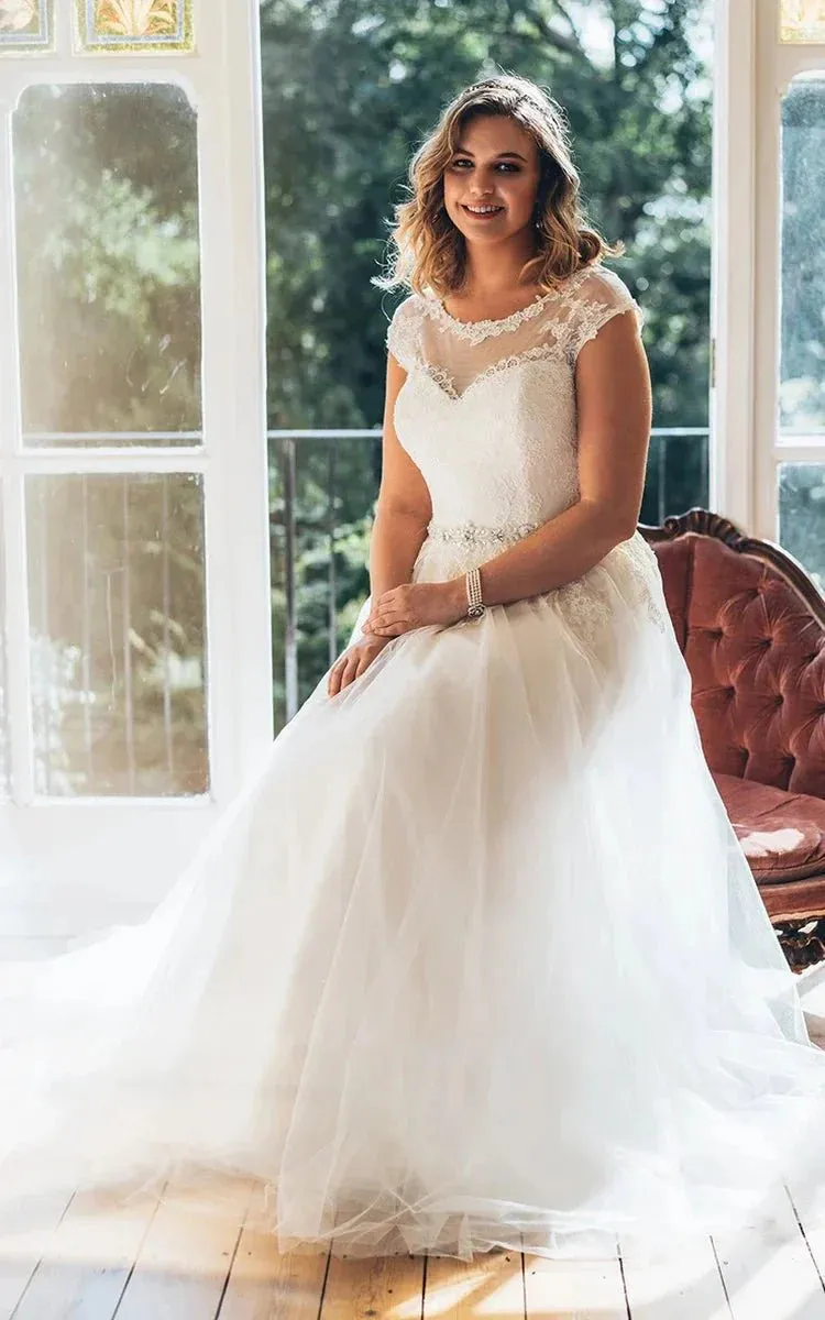 A-Line Scoop Neck Short Sleeve Tulle Low-V Back Waist Jewellery Wedding Dress sold by KissProm product image thumbnail 3