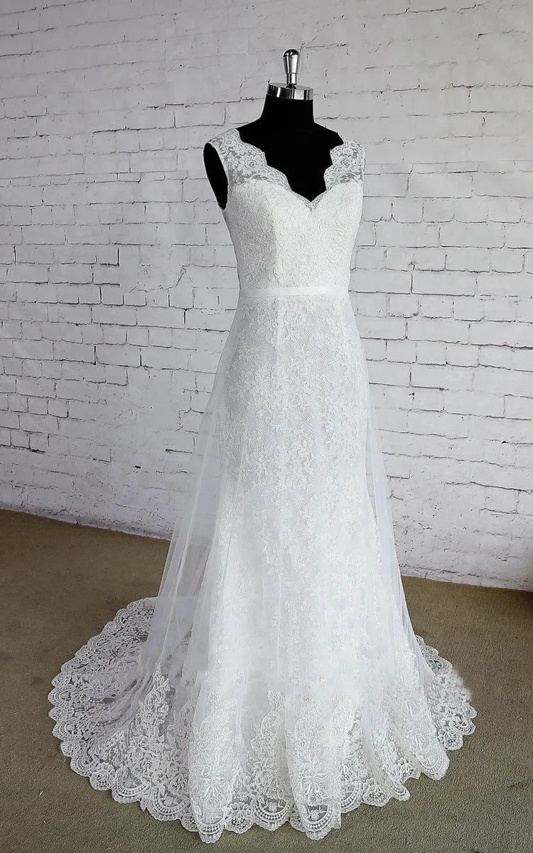 V-Neck Sleeveless Lace Appliques A-Line Sweep Train Zipper Wedding Dress sold by KissProm
