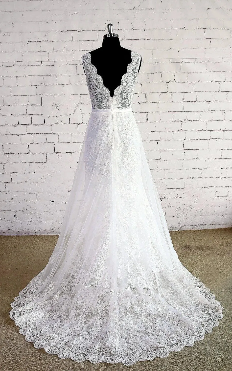 V-Neck Sleeveless Lace Appliques A-Line Sweep Train Zipper Wedding Dress sold by KissProm product image thumbnail 3