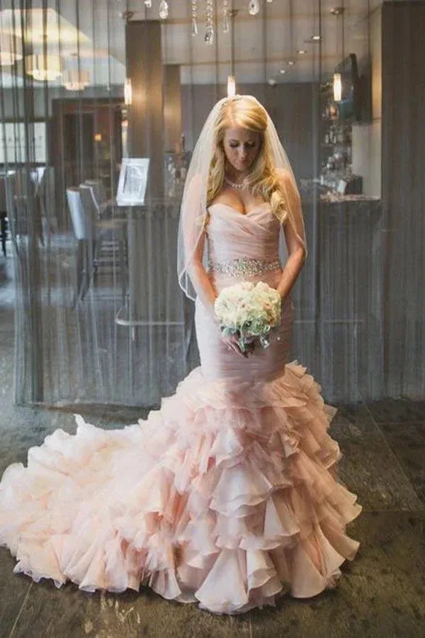 Sweetheart Tiered Train Organza Mermaid Pink Wedding Dress with Beading sold by KissProm