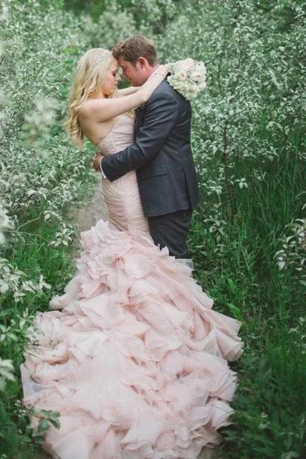 Sweetheart Tiered Train Organza Mermaid Pink Wedding Dress with Beading sold by KissProm product image thumbnail 2