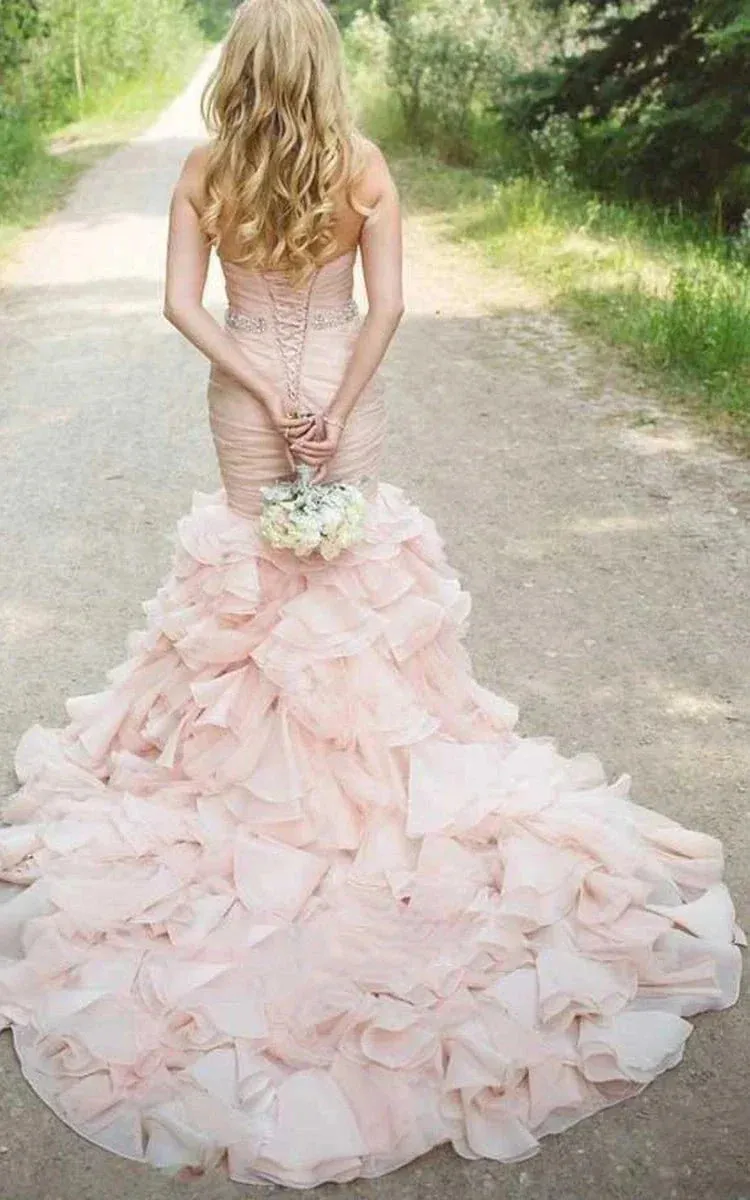 Sweetheart Tiered Train Organza Mermaid Pink Wedding Dress with Beading sold by KissProm product image thumbnail 3