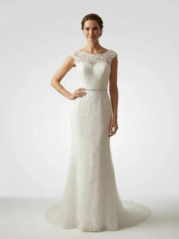 Bateau Neck Cap Sleeve Fit and Flare Lace Wedding Dress made by KissProm