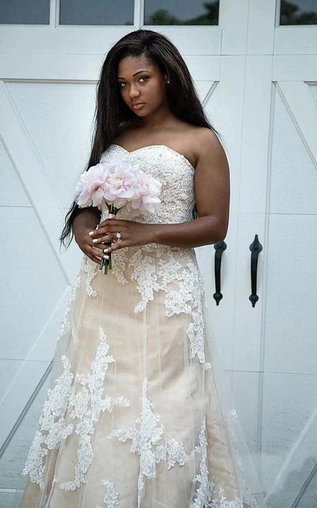 Lace Satin Strapless Sleeveless Wedding Dress With Sweep Train sold by KissProm