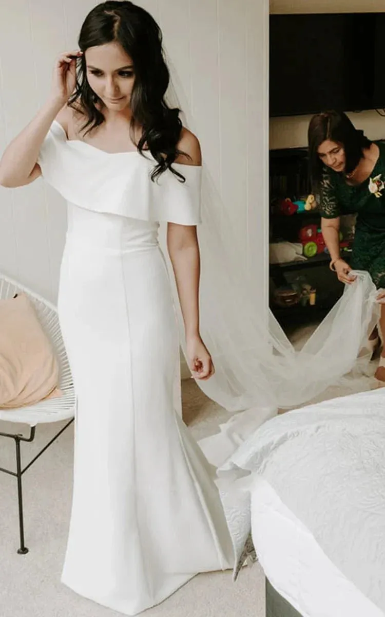 Modern Mermaid Floor-length Short Off-the-shoulder Sleeve Satin Wedding Dress sold by KissProm