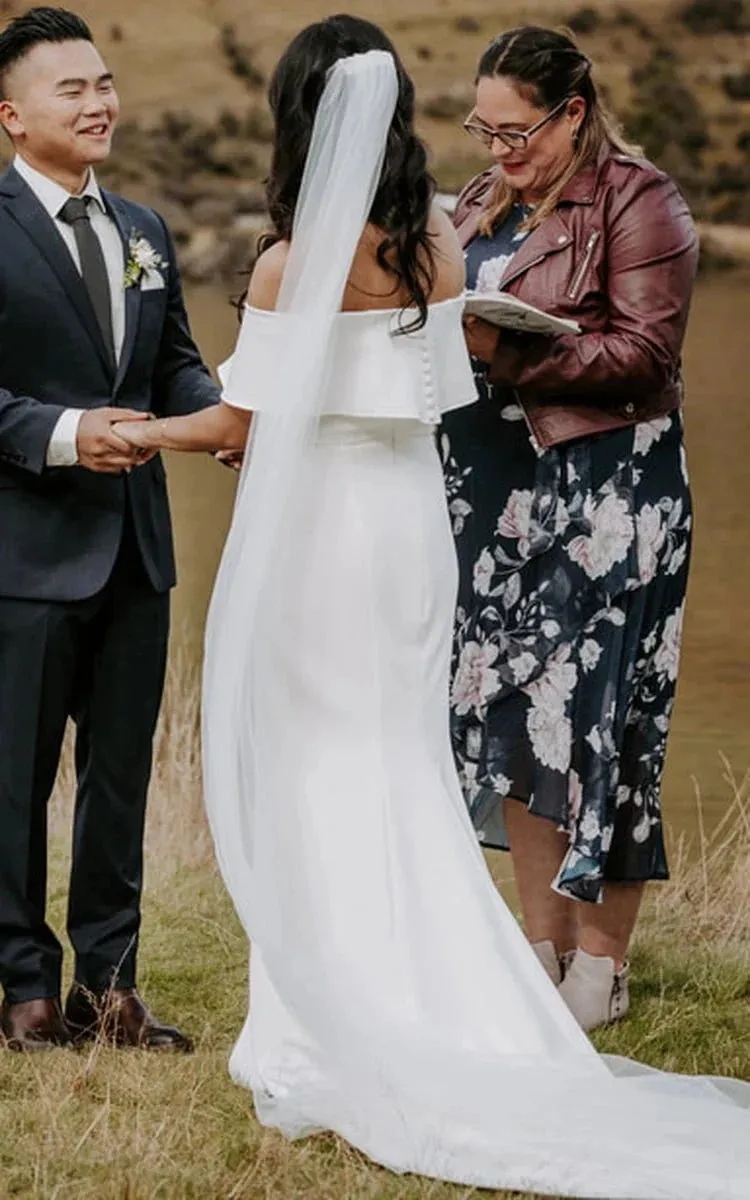 Modern Mermaid Floor-length Short Off-the-shoulder Sleeve Satin Wedding Dress sold by KissProm product image thumbnail 2