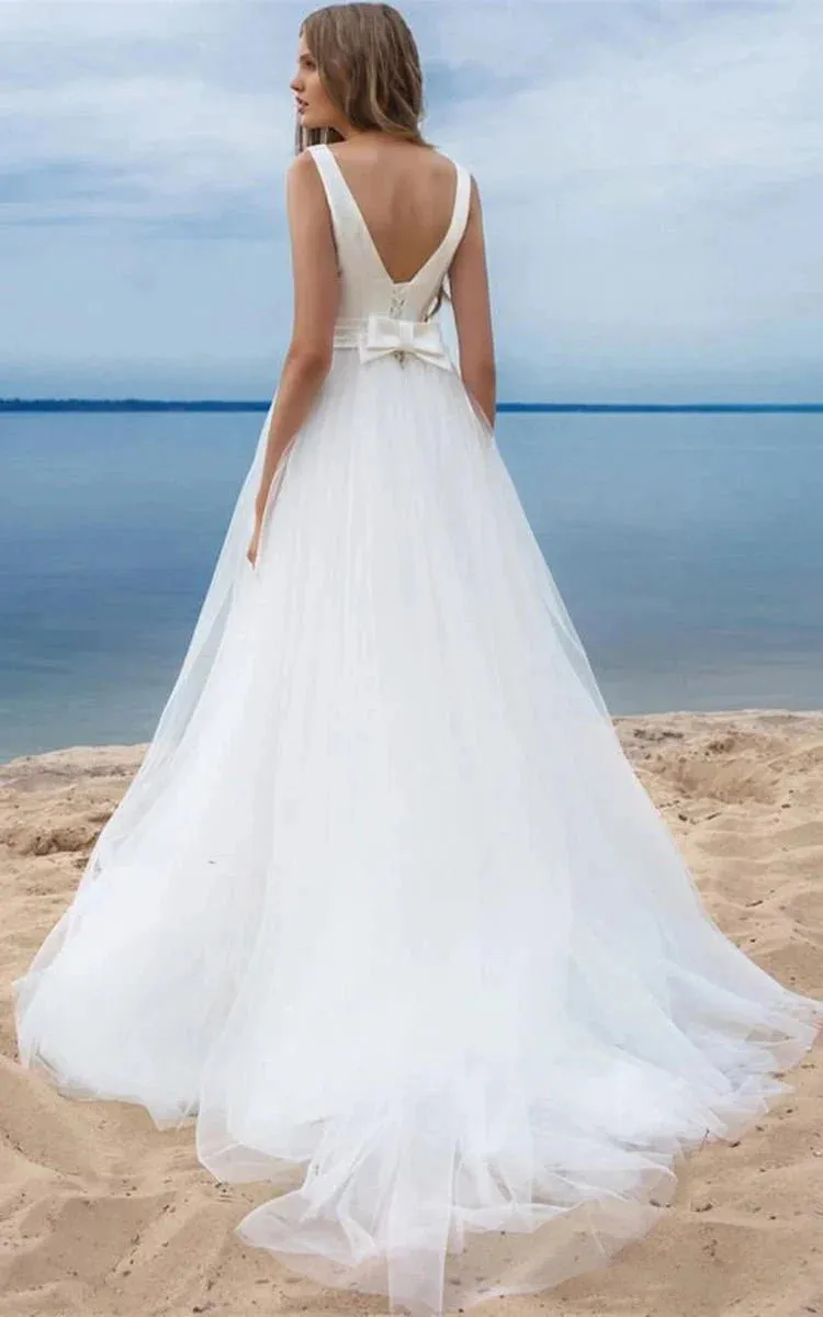 Simple Ball Gown Satin Tulle Bateau Sleeveless Wedding Dress With Bow and Ribbon sold by KissProm product image thumbnail 2
