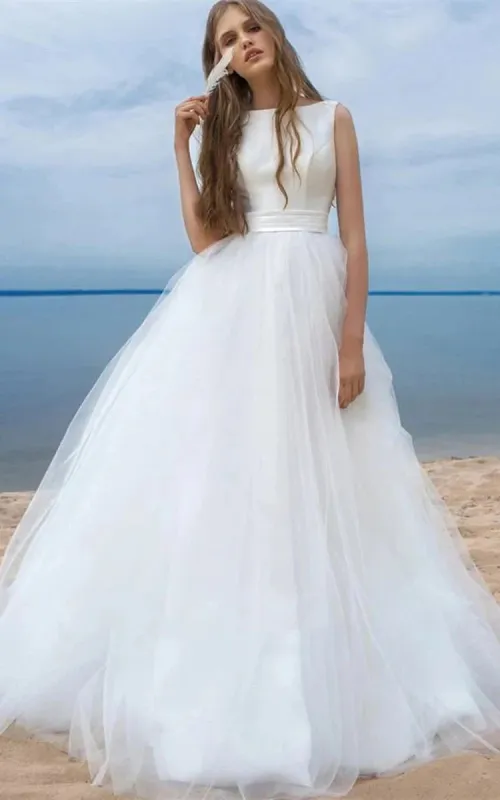 Simple Ball Gown Satin Tulle Bateau Sleeveless Wedding Dress With Bow and Ribbon made by KissProm
