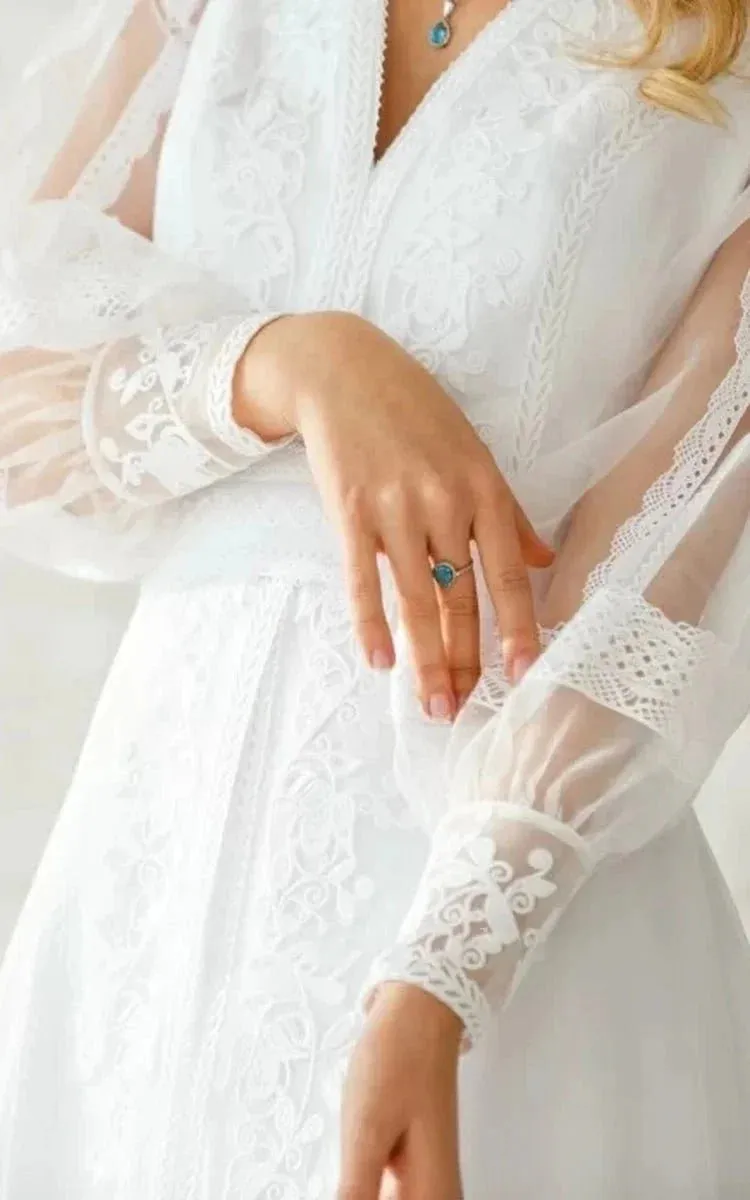 Elegant Floor-length Long Sleeve Chiffon A Line Zipper Wedding Dress with Ruching sold by KissProm product image thumbnail 3