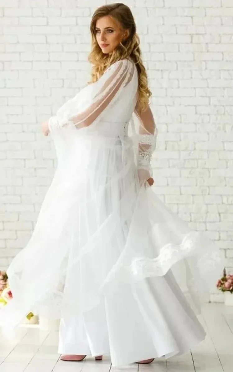 Elegant Floor-length Long Sleeve Chiffon A Line Zipper Wedding Dress with Ruching sold by KissProm product image thumbnail 4