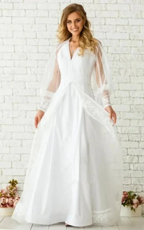 Elegant Floor-length Long Sleeve Chiffon A Line Zipper Wedding Dress with Ruching made by KissProm