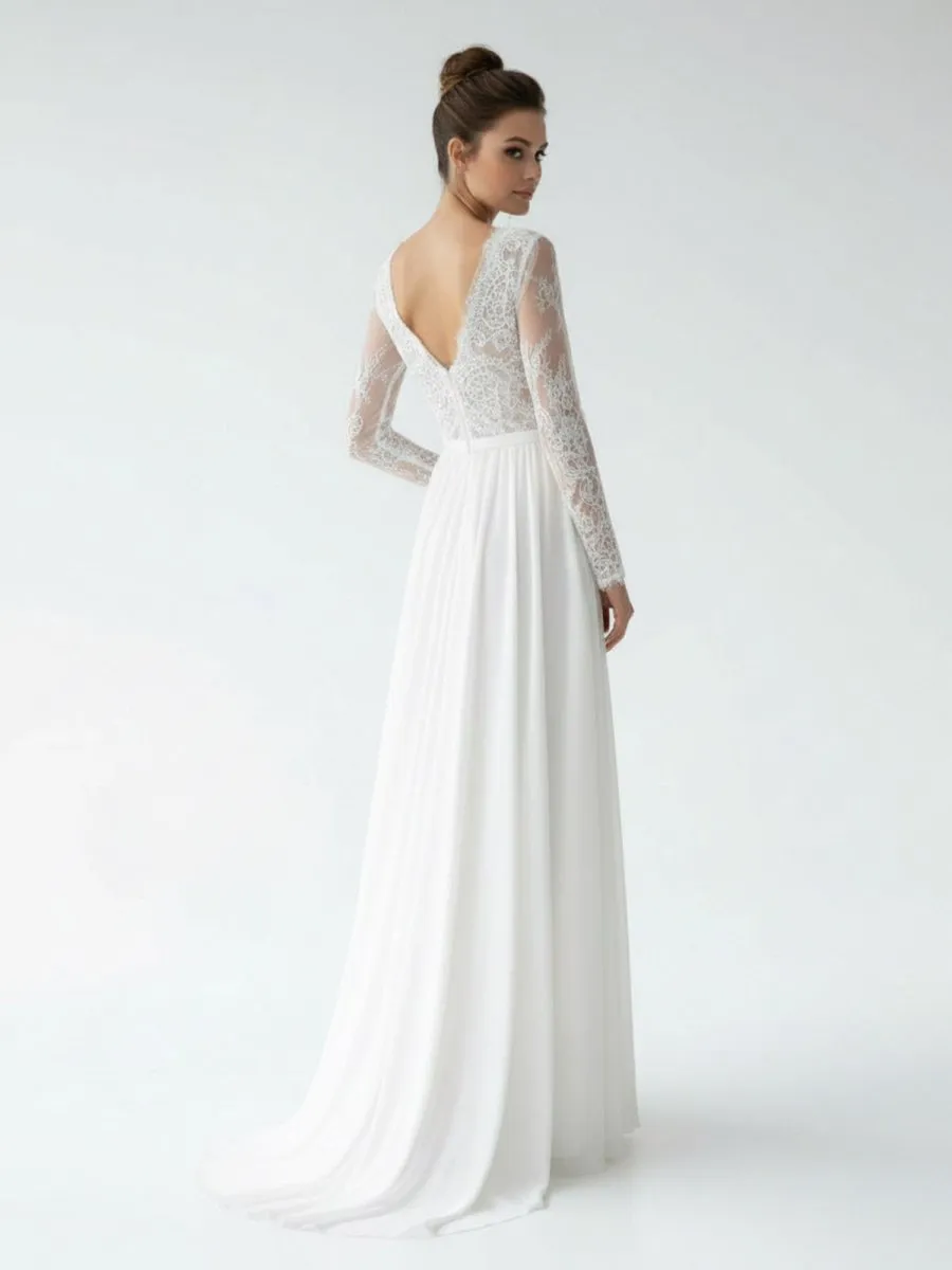 Romantic Modern A Line Floor-length Chiffon Lace V-neck Long Sleeve Wedding Dress sold by KissProm product image thumbnail 5