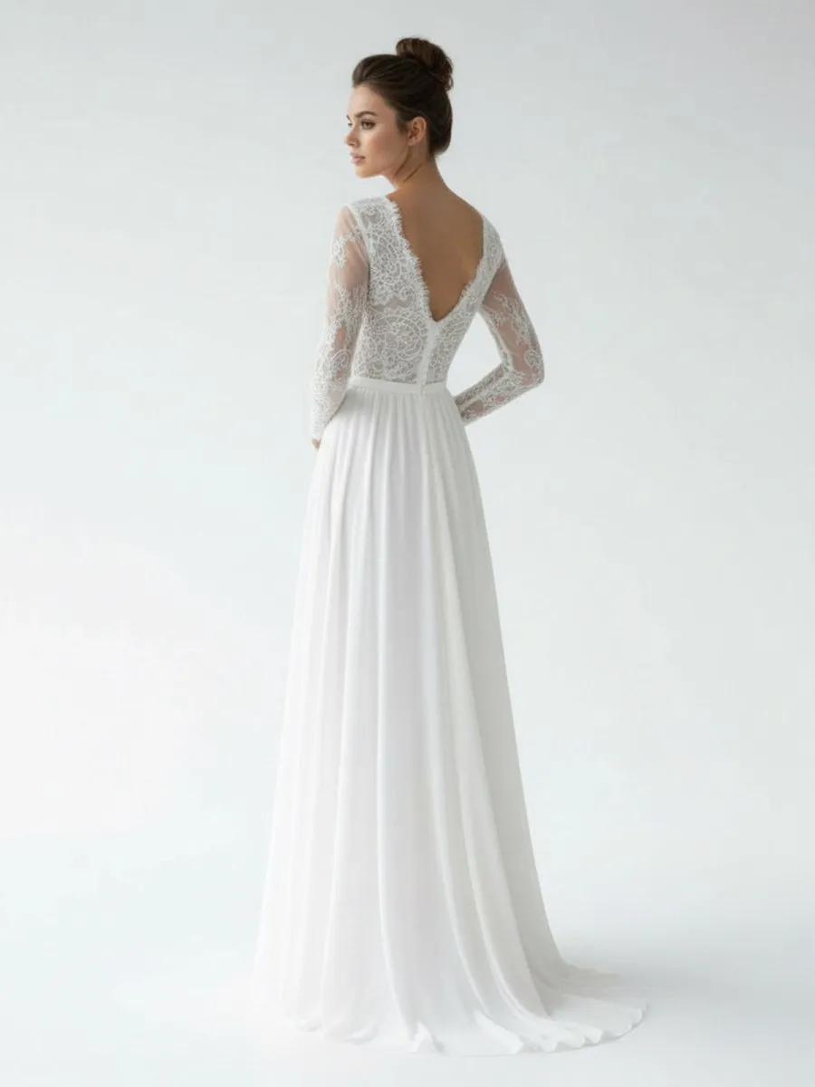 Romantic Modern A Line Floor-length Chiffon Lace V-neck Long Sleeve Wedding Dress sold by KissProm product image thumbnail 2