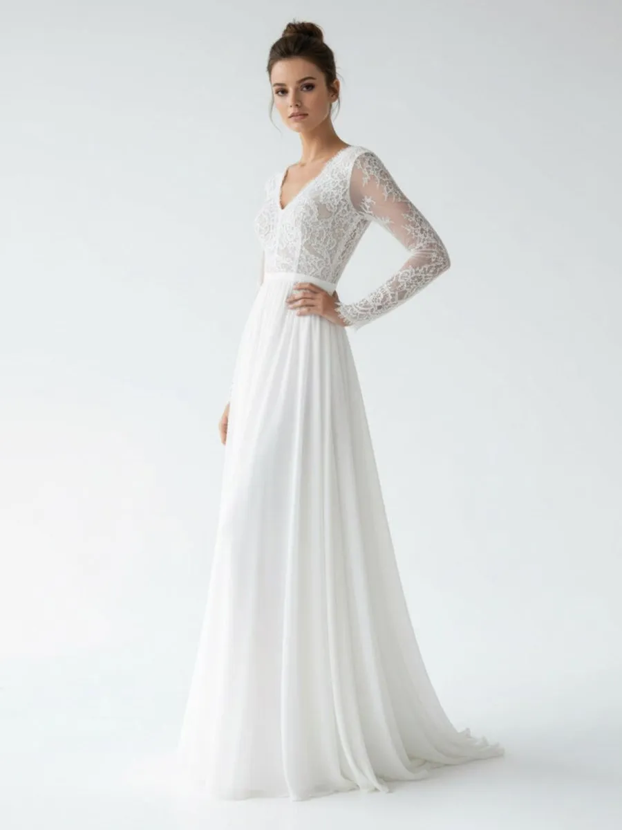 Romantic Modern A Line Floor-length Chiffon Lace V-neck Long Sleeve Wedding Dress sold by KissProm product image thumbnail 3