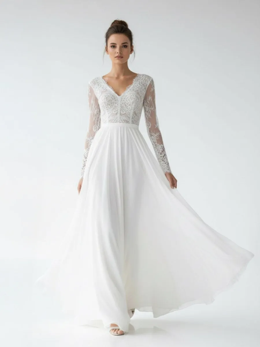 Romantic Modern A Line Floor-length Chiffon Lace V-neck Long Sleeve Wedding Dress sold by KissProm product image thumbnail 4
