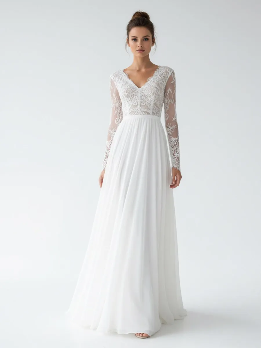 Romantic Modern A Line Floor-length Chiffon Lace V-neck Long Sleeve Wedding Dress sold by KissProm