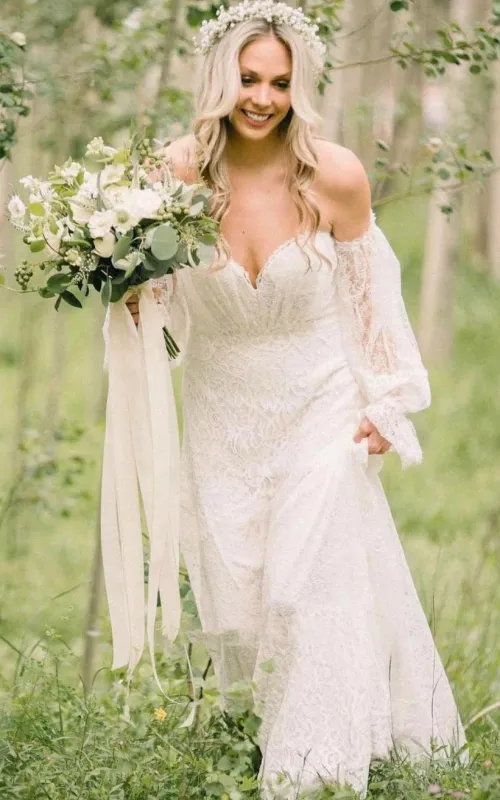Ethereal Off-the-shoulder A Line Lace Court Train Open Back Wedding Dress with Ruching made by KissProm
