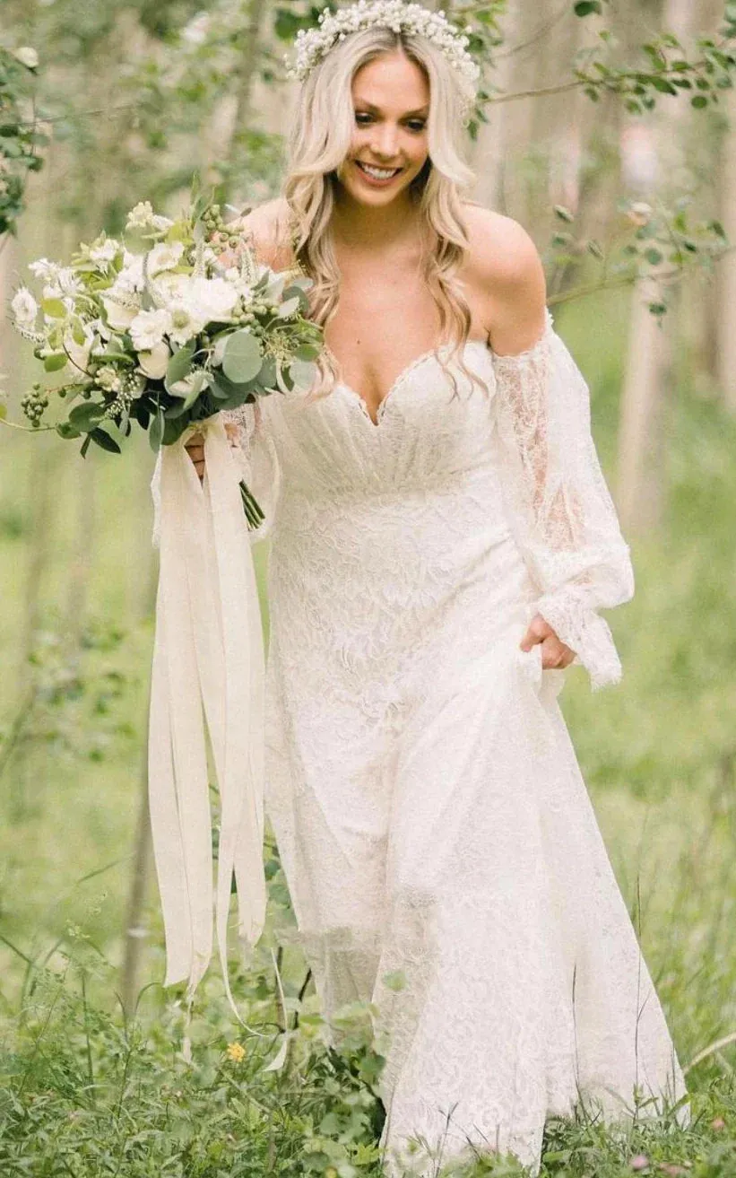 Ethereal Off-the-shoulder A Line Lace Court Train Open Back Wedding Dress with Ruching sold by KissProm